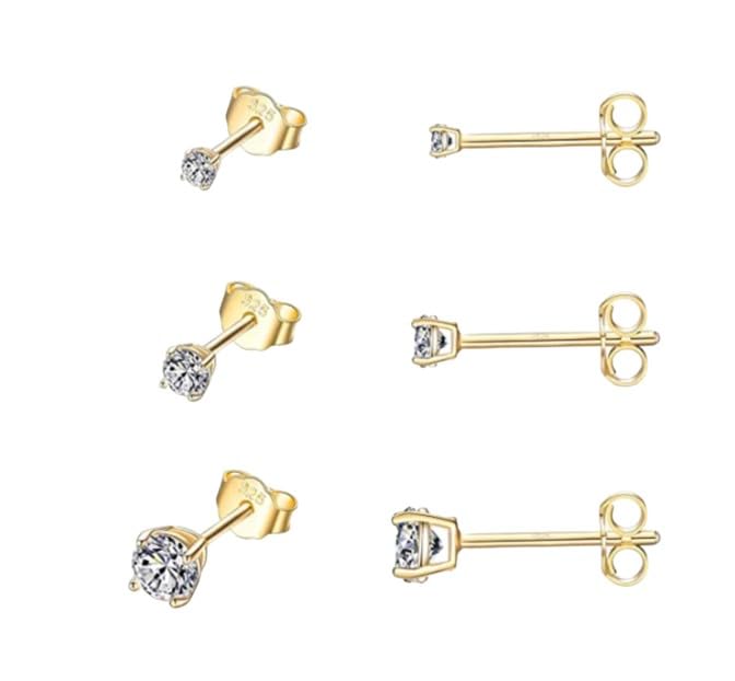 3 Piece Set 14K Gold and 925 Silver Stud Earrings for Women