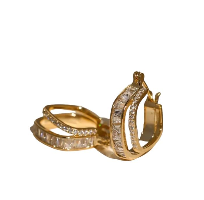 14K Gold Double Zircon Hoop Zircon Earrings