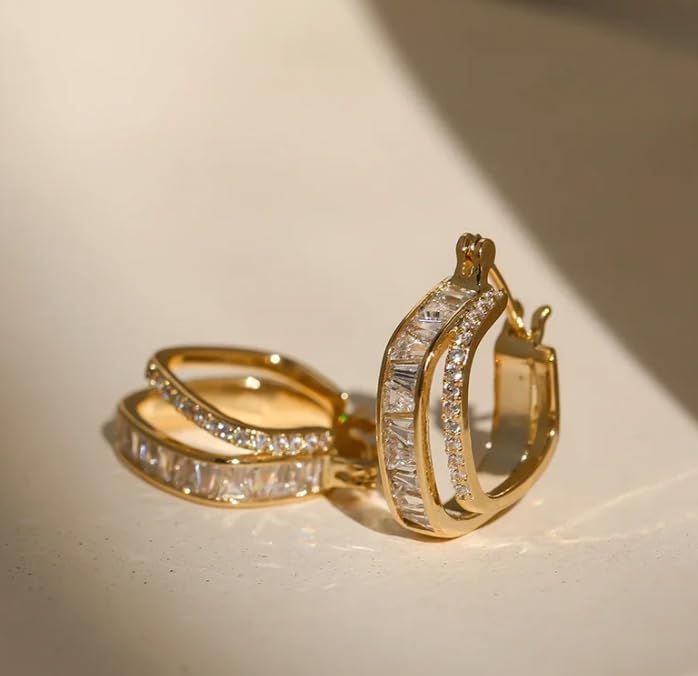 14K Gold Double Zircon Hoop Zircon Earrings