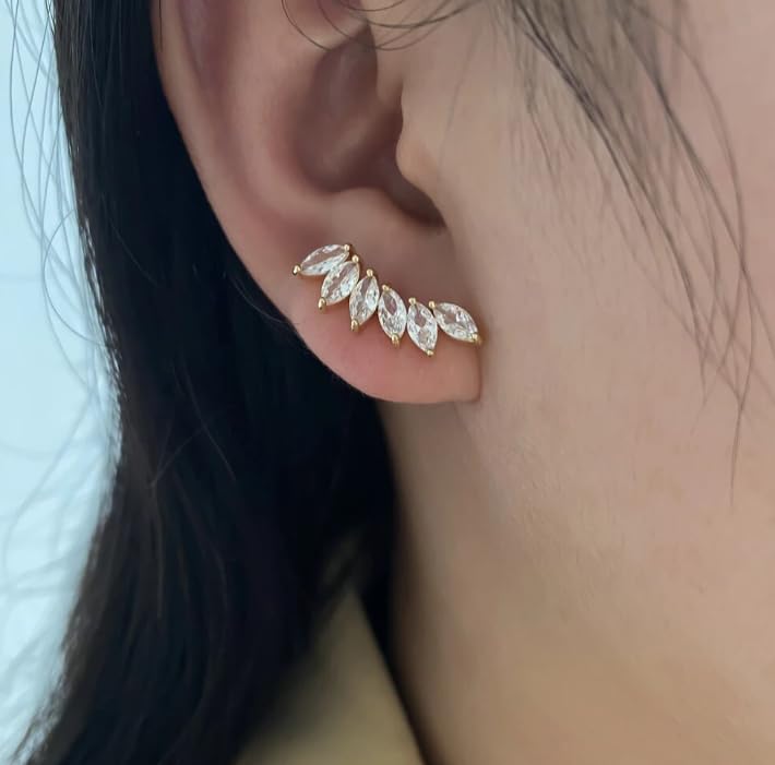 14K Gold Plated Faux Diamond Ear Leaf Crawler Earrings