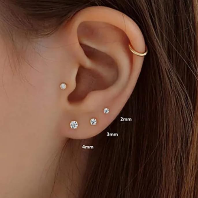 3 Piece Set 14K Gold and 925 Silver Stud Earrings for Women