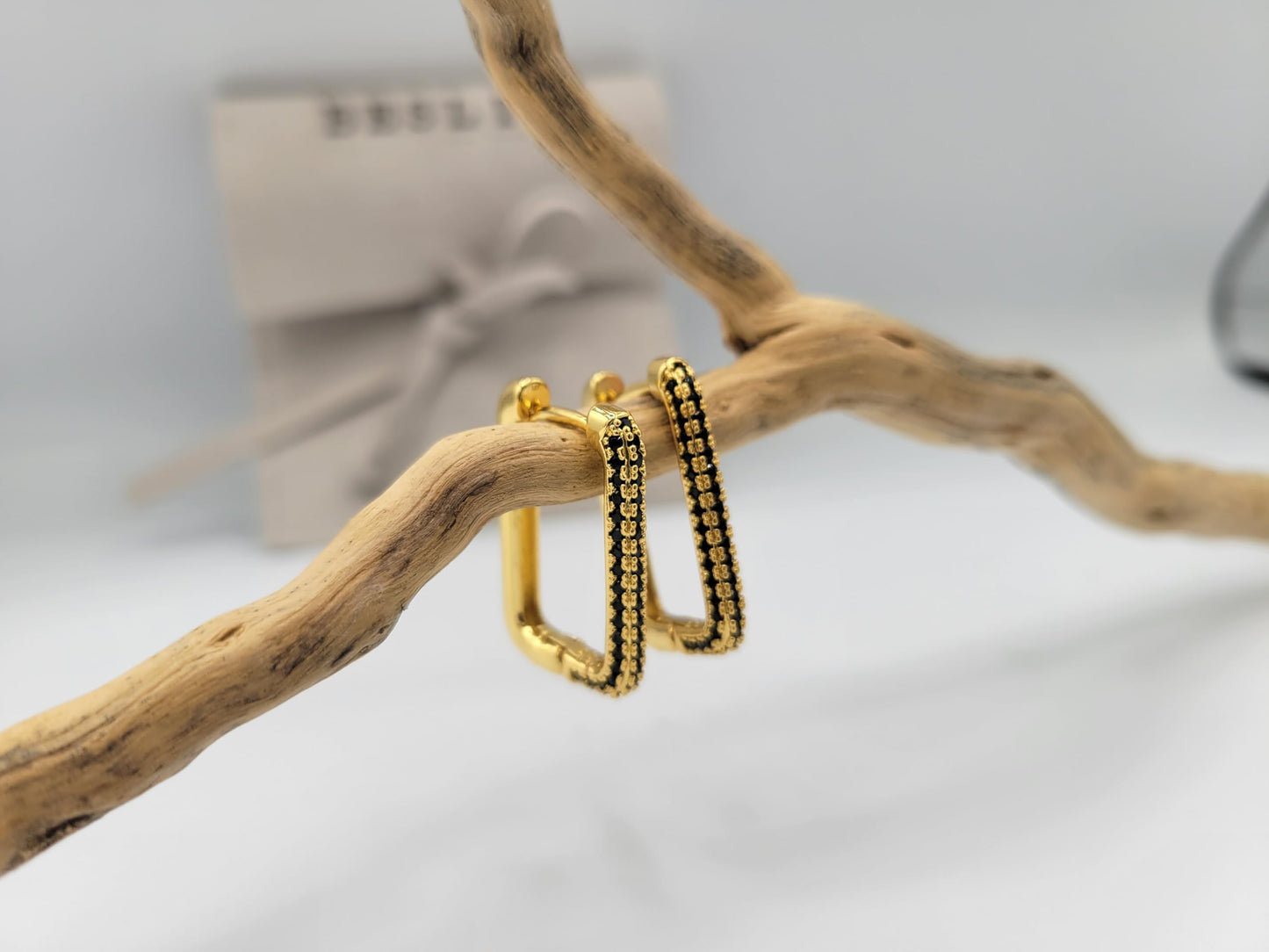 Waterproof Square Gold Hoop Earrings Black Zircon