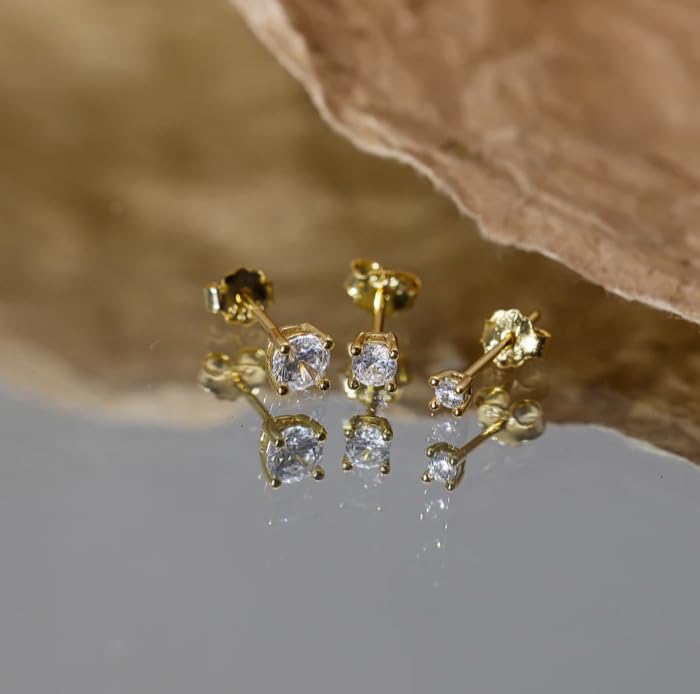 3 Piece Set 14K Gold and 925 Silver Stud Earrings for Women