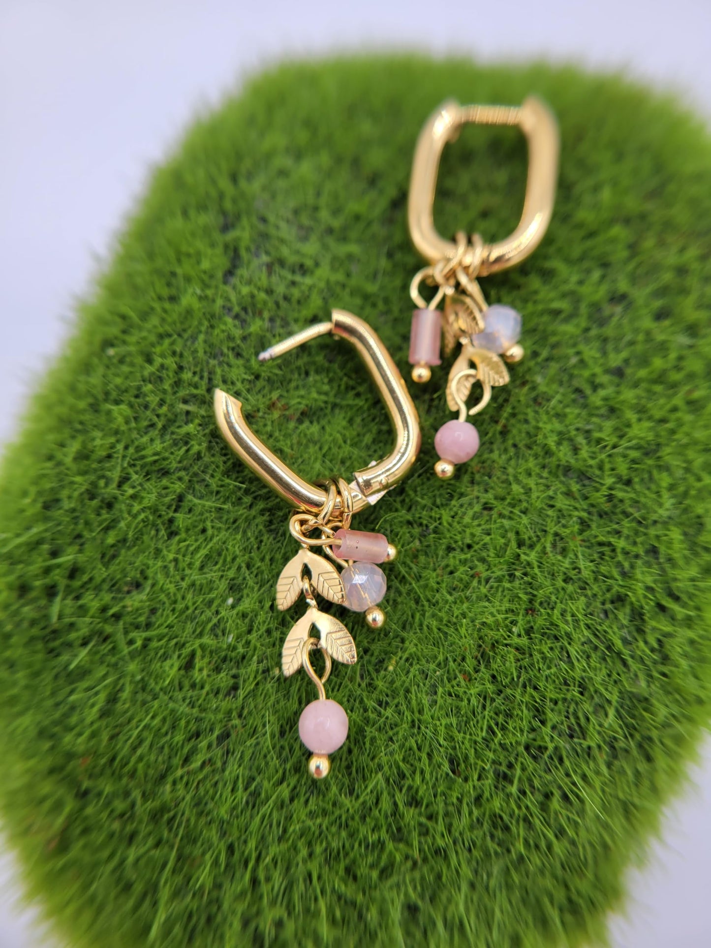 18K Gold Plated Leaf Pink Charm Huggies